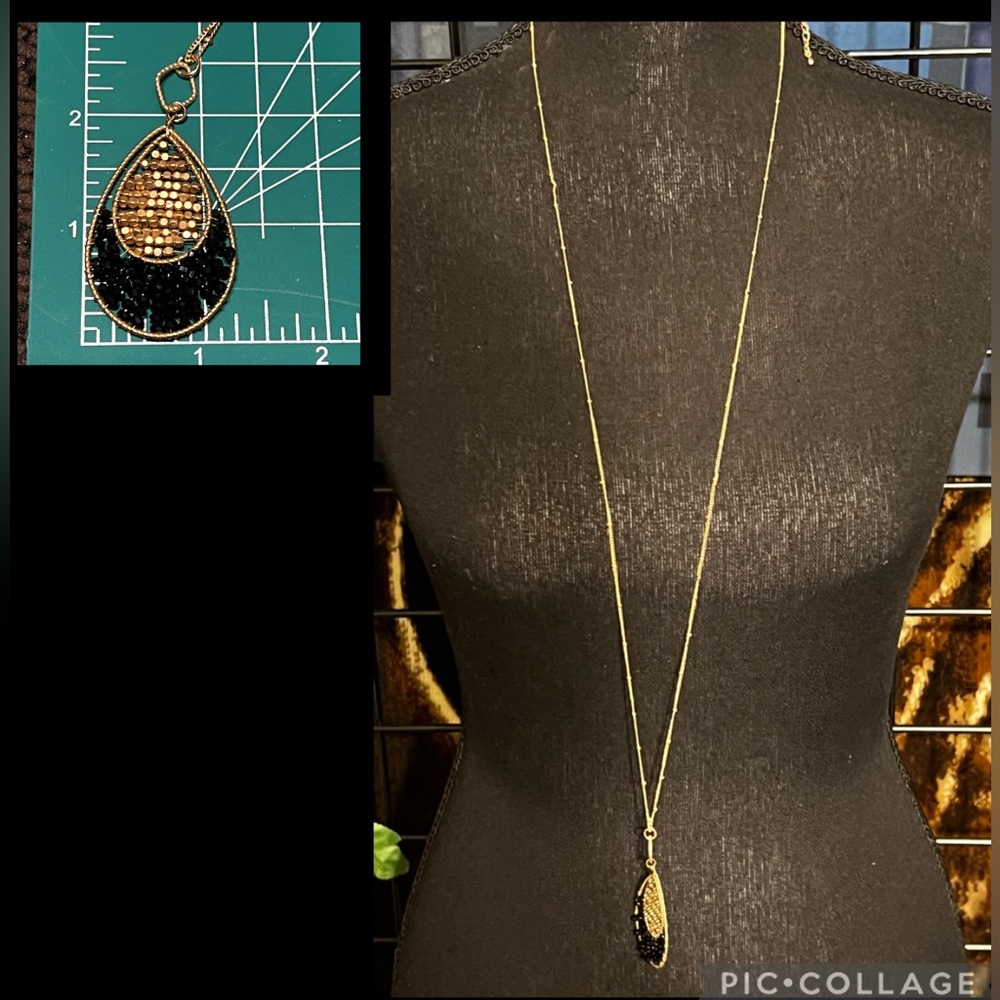 New Dorothy Beads Station Gold Necklace Black/Gold Seed Beaded Teardrop Pendant